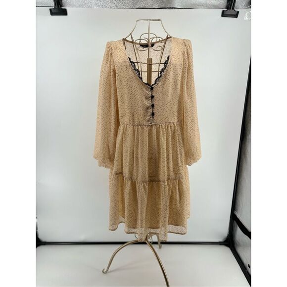 Zara Dresses & Skirts - Zara long sleeve polka dot black tan dress size small lace detail